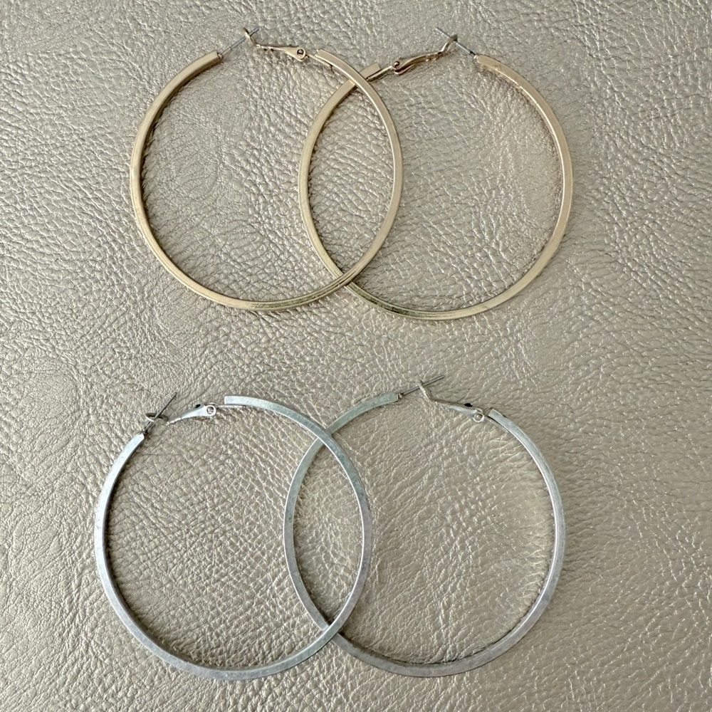 Vintage Look Gold and Silver Classic Hoop Earrings -set of 2